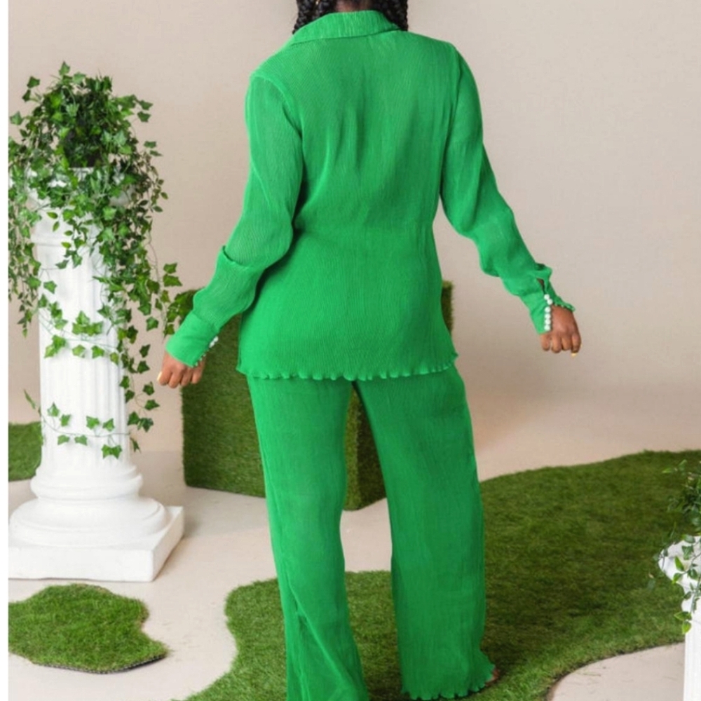 KAI COLLECTIVE Green Plisse Women's Pants & Shirt Set